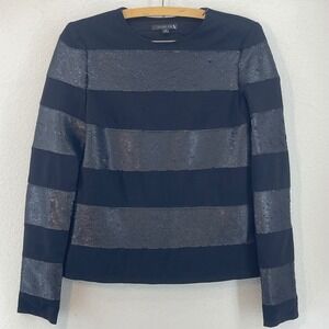 RACHEL ZOE Black Sequin Stripe THICK Long Sleeve Crew Neck Top XS Top Zip NYE
